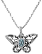 Jewelry Trends Sterling Silver Small Filigree Butterfly Pendant with Blue Topaz  - £25.81 GBP