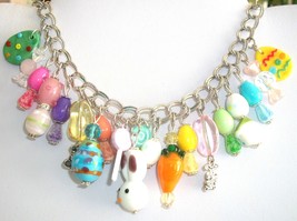 EASTER Charm Bracelet Silver Tone Charms and Bracelet with Lampwork Glass Beads  - £31.46 GBP