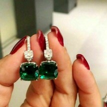 4Ct Cushion Cut Green Emerald Drop &amp; Dangle Earrings Solid 14K White Gold Finish - £72.12 GBP