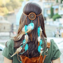 Bohemian Feather Headbands Indian Gypsy Headband White and Peacock Feather Tasse - £16.13 GBP