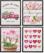 Valentines Day Wall Art Decor Pink Truck Tulip Wall Print Unframed Set of 4 Love - £18.85 GBP