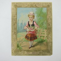 Victorian Christmas Card Girl Holds Pink Flowers Poem Embossed Marcus Ward &amp; Co - £6.31 GBP
