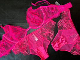 Victoria&#39;s Secret unlined 34C,34DD BRA SET M panty lot Hot Pink floral lace mesh - £78.94 GBP