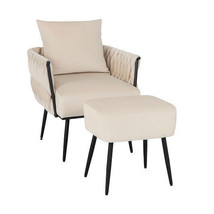 Modern Dutch Velvet Accent Chair and Ottoman Set with Weaved Back and Arms-Whit - £134.88 GBP