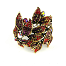 Red Rhinestone Gold Tone Metal Bracelet Open Clasp Floral Leaves Cuff Jewelry - £11.37 GBP