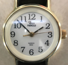 Vtg Timex Indiglo Quartz Goldtone Black Leather Band Water Resistant Wrist Watch - £15.84 GBP