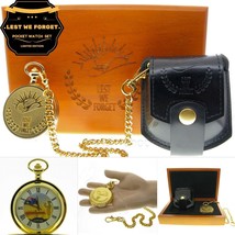 Gold Pocket Watch Set LEST WE FORGET 53 mm with Leather Pouch and Wood Box C72 - £92.77 GBP