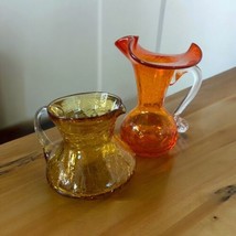 Vintage Pilgrim Amber Crackle Glass Creamer Pitcher Small 3” 1960&#39;s + 5”... - £25.59 GBP