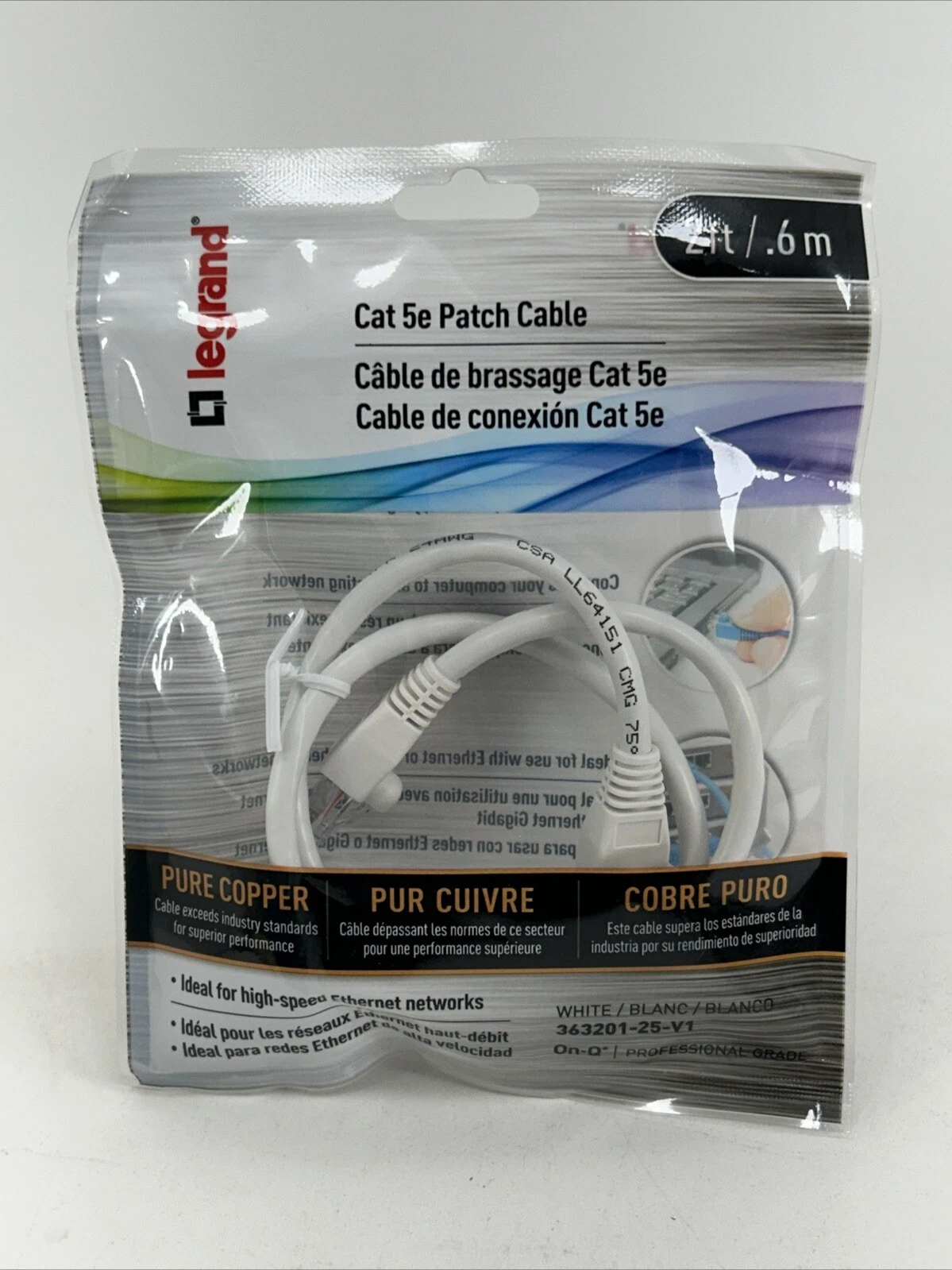 CAT 5e PATCH CABLE 2ft/.6m LEGRAND- White 363201-25-V1 - $20.00
