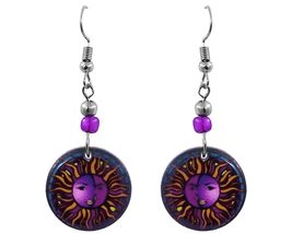 Round New Age Spiritual Sun and Moon Graphic Dangle Earrings - Womens Fashion Ha - £11.69 GBP