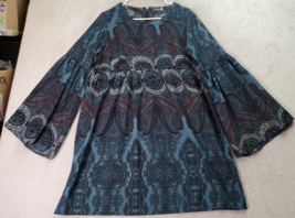 Earthbound Sheath Dress Womens Large Blue Paisley Polyester Long Sleeve Back Zip - £12.95 GBP