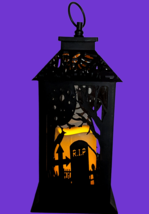 Candle Lantern Raven Cemetery Gravestone Fence Dim Yellow Light Halloween 13&quot; - £10.21 GBP