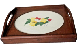 Vintage Floral Embroidered Wood Serving Tray Decor Hibiscus Yellow Straw... - $19.39