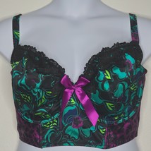 Lane Bryant Cacique Bustier Bra Ribbon Underwire 40G Black Lace Floral Longline - $26.99