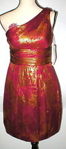 New NWT $310 Womens 6 Aidan Mattox Silk Metallic One Shoulder Dress Red Gold  - £186.83 GBP
