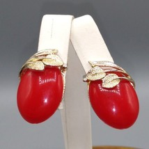 Vintage Red Lucite Earrings with Gold Tone Leaves Overlay, Dimensional Clip Ons - £19.88 GBP