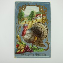 Thanksgiving Postcard Wild Turkey Farm House Harvest Fruit Gold Embossed Antique - £8.01 GBP
