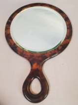Vintage Vanity Hand Mirror Faux Tortoise Shell  Round Beveled Glass 8.75&quot; - £37.93 GBP