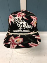 Vtg Rice Paddy Las Vegas Trucker Hat-Black Hawaiian Print Snapback Rope San Sun - £15.54 GBP