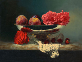 Oil painting still life fruits with peony flowers strawberry in silver p... - £59.92 GBP