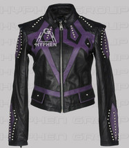 New Women Black Purple  Pocketed Silver Studded Cowhide Biker Leather Ja... - £215.03 GBP