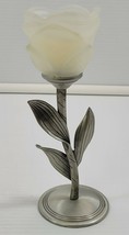 Silver Metal Bud Rose Candle Holder Frosted Glass 7-3/4&quot; Tall - $9.89