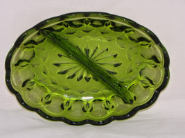 Vintage Green Glass Oval Relish Dish Green Scalloped Relish Dish Green Dish - £10.35 GBP