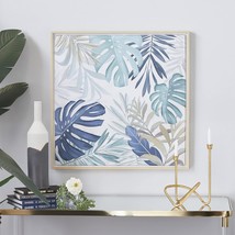 Deco 79 Canvas Leaf Handmade Tropical Framed Wall Art With Brown Frame,, Blue. - £65.44 GBP