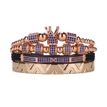 Luxury Men Royal King Crown bracelet set Stainless steel beads Blue ghost CZ Bal - £38.37 GBP