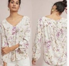 Anthropologie By Maeve Cream Pink Floral Print Balloon Sleeve Tie Blouse... - £27.12 GBP