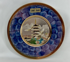 VTG The Art of Chokin Pagoda Mt Fuji 24K Gold Edged Blue Round Plate Japan 6&quot; - £14.74 GBP