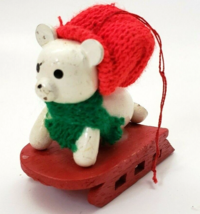 Vintage Polar Bear Cub on Sled wooden Christmas Ornament - £4.02 GBP