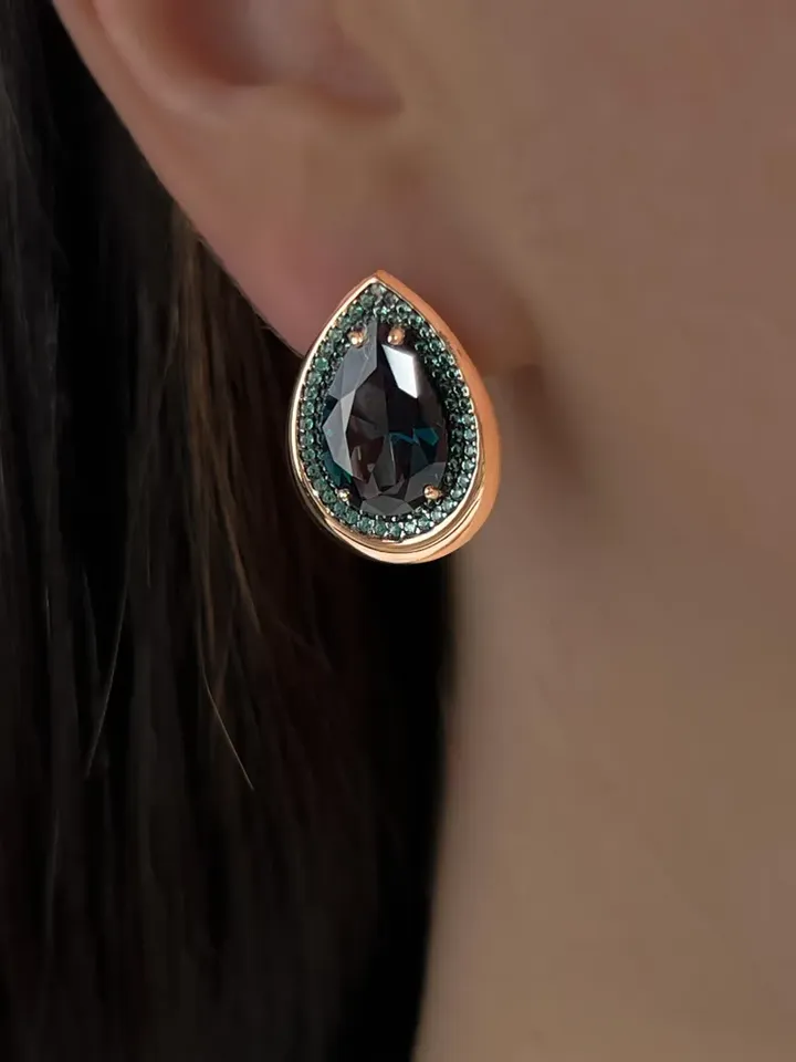 Earrings silver 925, gold plated with London topaz and emeralds - $159.00