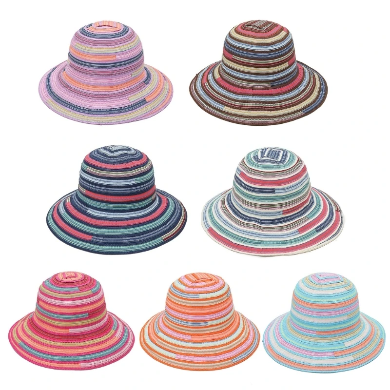 Unisex Colorful Stripe Wide Brim Cotton Bucket Hat Summer Spring Foldable - £11.19 GBP+