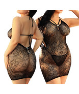 Women&#39;s Sexy Plus Q-Size Black Lace Mesh Fishnet Halter Top Sheer Dress - $29.87 CAD