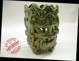 Deep Jade Green Dragon&#39;s CUP 2016 Whimsical FOLK ART glazed pottery SIGNED faces - £125.33 GBP