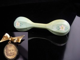 Vintage Baby rattle / baby photo brooch /  celluloid dumbell / all from ORIGINAL - £35.26 GBP