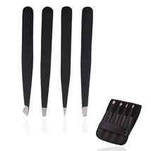 Tweezers Set 4-Piece Professional Stainless Eyebrow Hair Pluckers +Case - £7.01 GBP