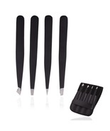 Tweezers Set 4-Piece Professional Stainless Eyebrow Hair Pluckers +Case - £6.90 GBP