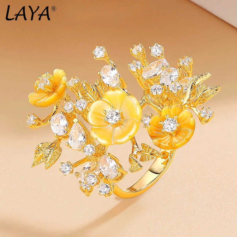 925 Sterling Silver Luxury Jewelry High Quality Zircon Natural Shell Flower Ring - £56.87 GBP