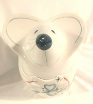 GKRO 10&quot; Mouse Cookie Jar White Blue Bow Ribbon Country Vintage Ceramic - £31.03 GBP