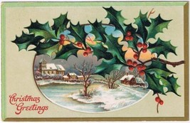 Postcard Embossed Christmas Greetings Church Home Holly Mistletoe - $1.46