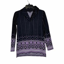 Talbots Petites Shawl Collar Pullover Top Size P Black With Purple Dots &amp; Design - £13.11 GBP