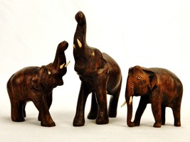 Set of 3 Wood Carved Elephant Figurines, 1 Large/2 Small, Made in India,... - $24.45