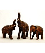 Set of 3 Wood Carved Elephant Figurines, 1 Large/2 Small, Made in India,... - £19.14 GBP