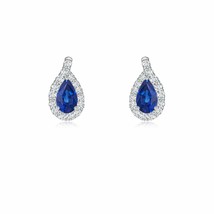 Blue Sapphire Stud Earrings with Diamond in 14K Gold (Grade-AAA , 5x3MM) - £771.90 GBP