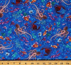 Cotton Ocean Sea Animals Fish Octopus Crabs Blue Fabric Print by Yard D368.63 - £11.95 GBP
