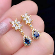 Pear Cut 3.60 Ct Sapphire &amp; Diamond 14k Yellow Gold Finish Pretty Drop Earrings - £69.87 GBP