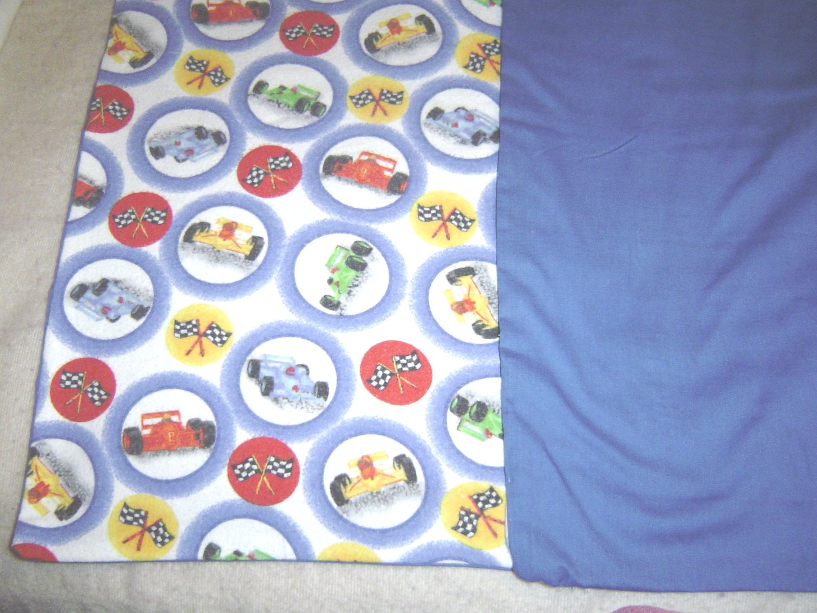New Flannel Race Car and Blue Baby Blanket Handmade - $19.99
