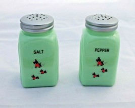 New Jade Green Glass Scotties Salt &amp; Pepper Shakers Printed Art Deco Arch Retro - £12.49 GBP